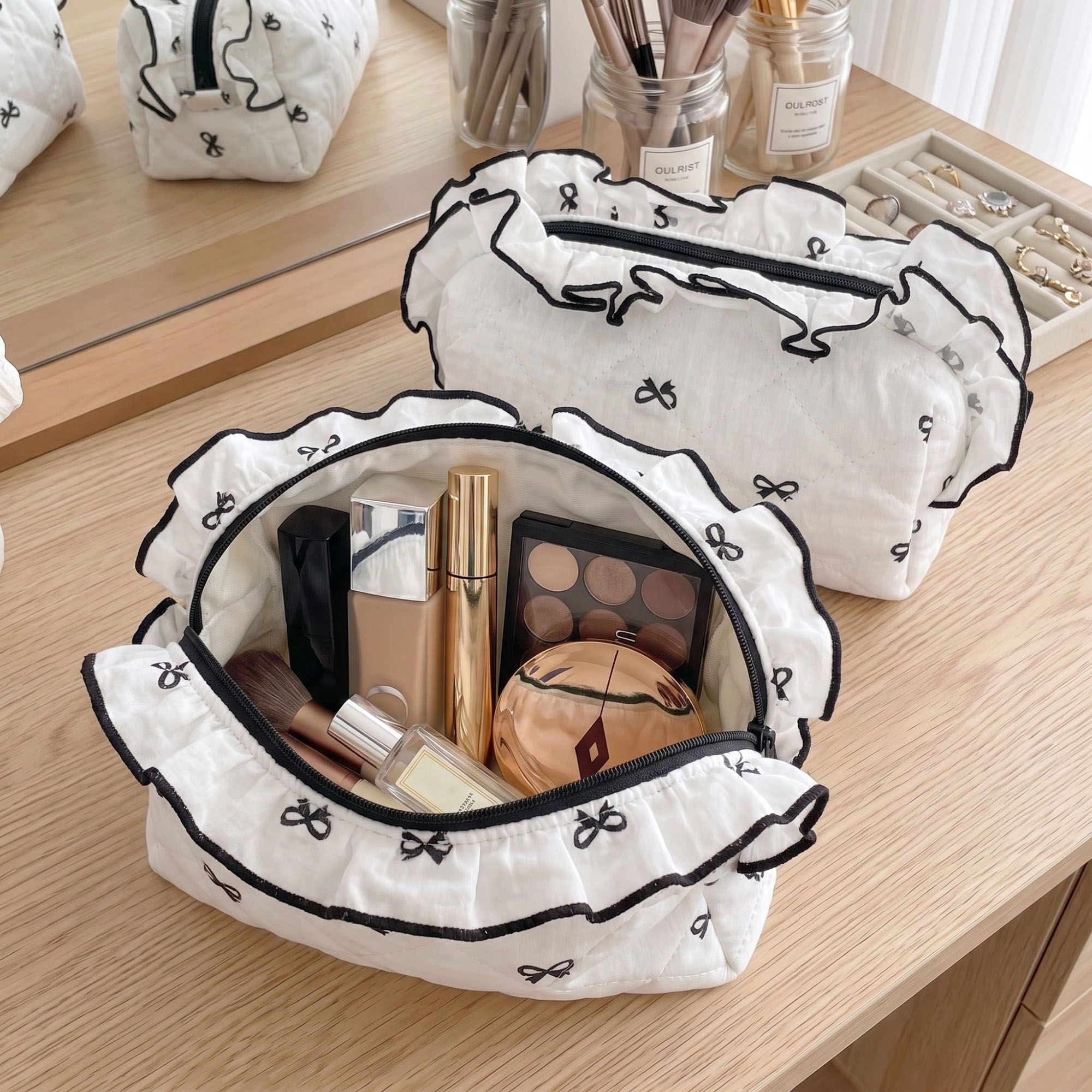 Womens Quilted Bow Print Cosmetic Bag with Ruffle Trim