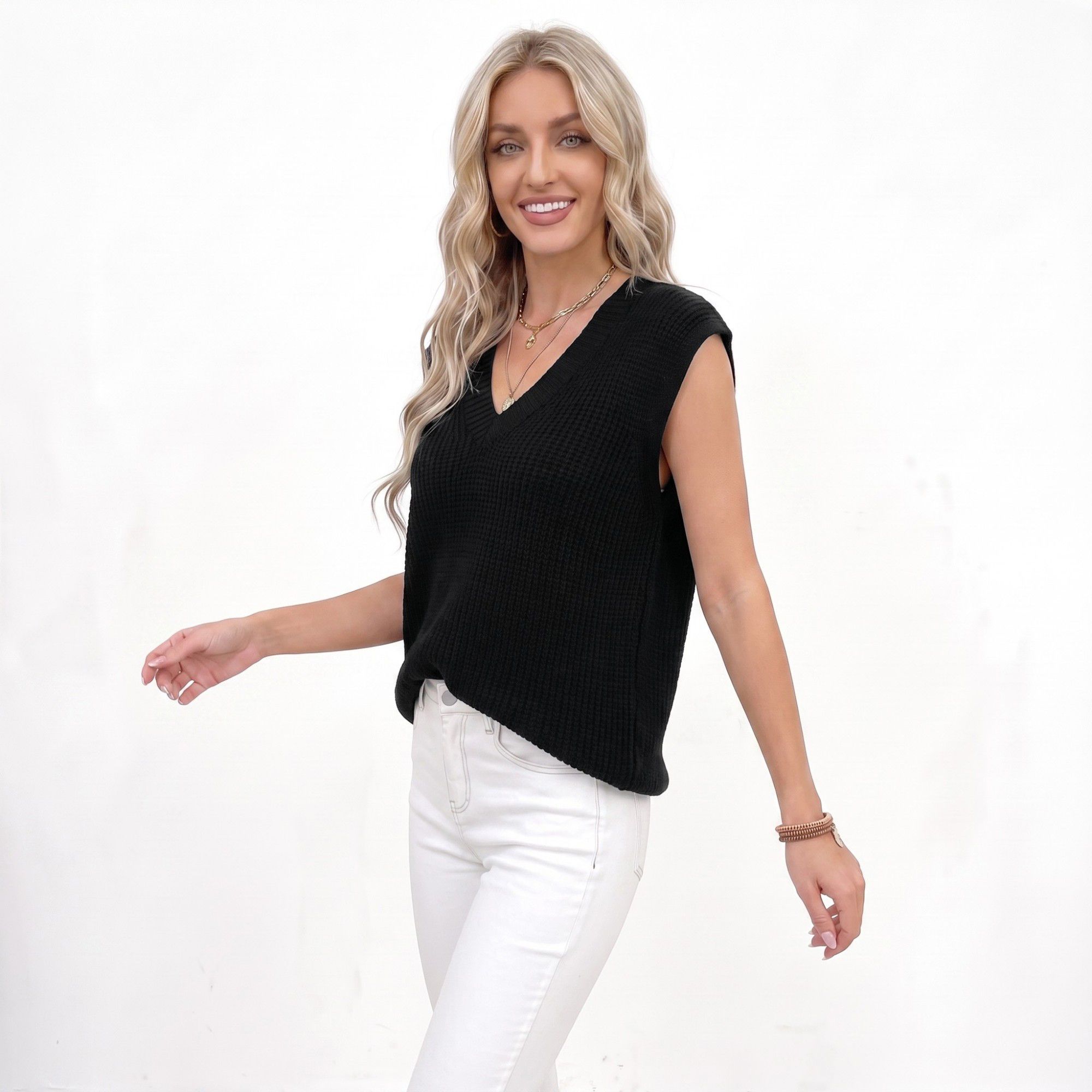 Anna-Kaci Women's V Neck Sweater Vest Sleeveless Textured Knit Pullover Top