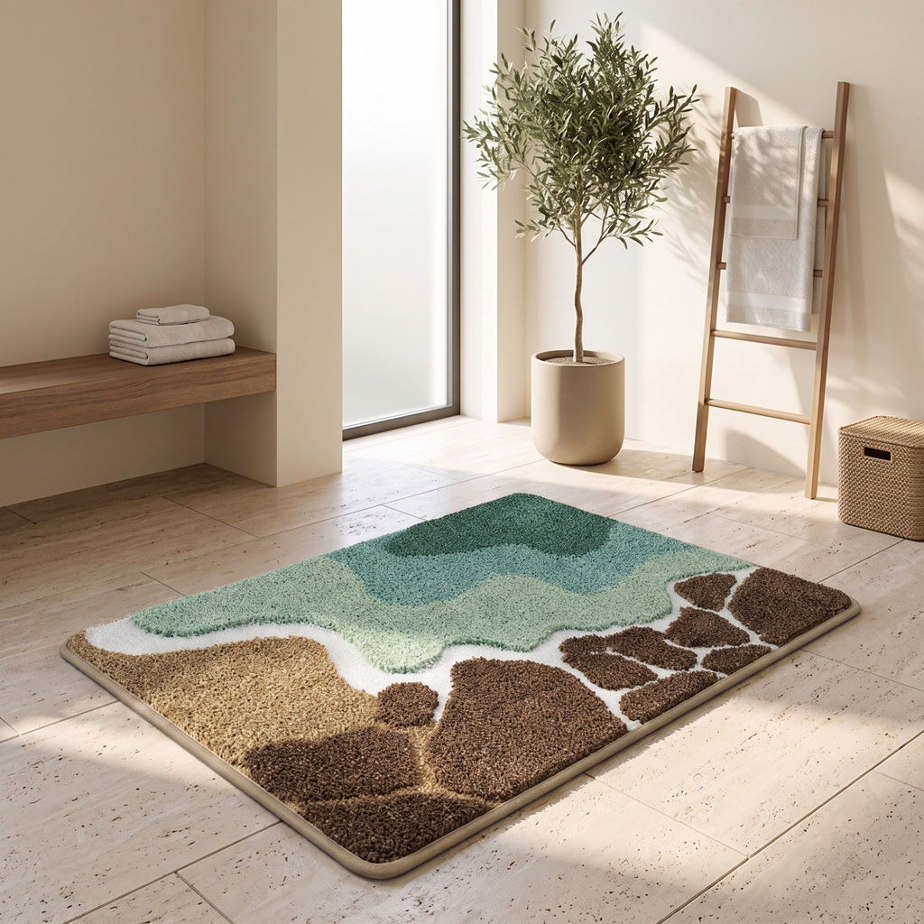 Coastal Ocean Wave Plush Bathroom Mat with Life Preserver and Seashell Design