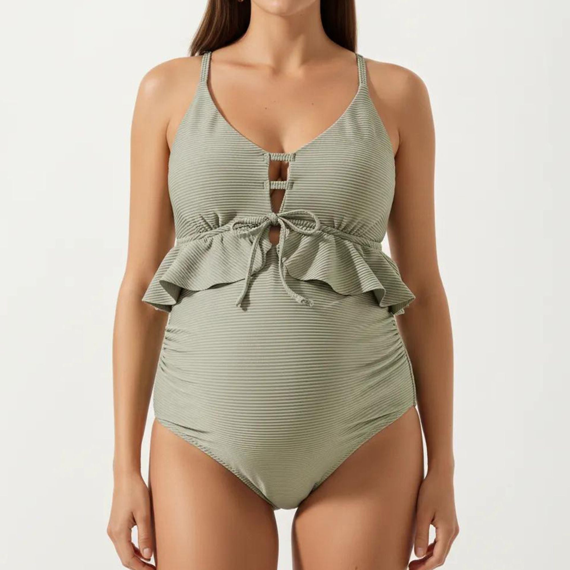 Anna-Kaci Swim Women's Maternity One-Piece Swimsuit with Ruffle Trim and Front Tie Detail