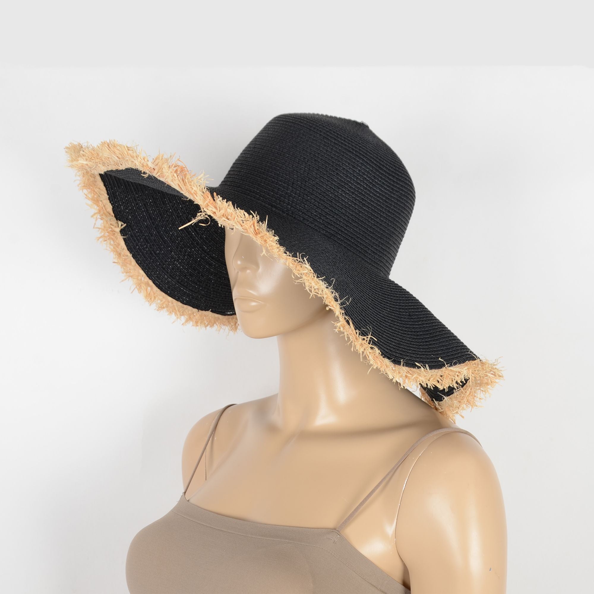 Anna-Kaci Wide Brim Straw Floppy Hat with Frayed Edges Lightweight Sun Protection for Beach Vacation Outdoor Travel Style