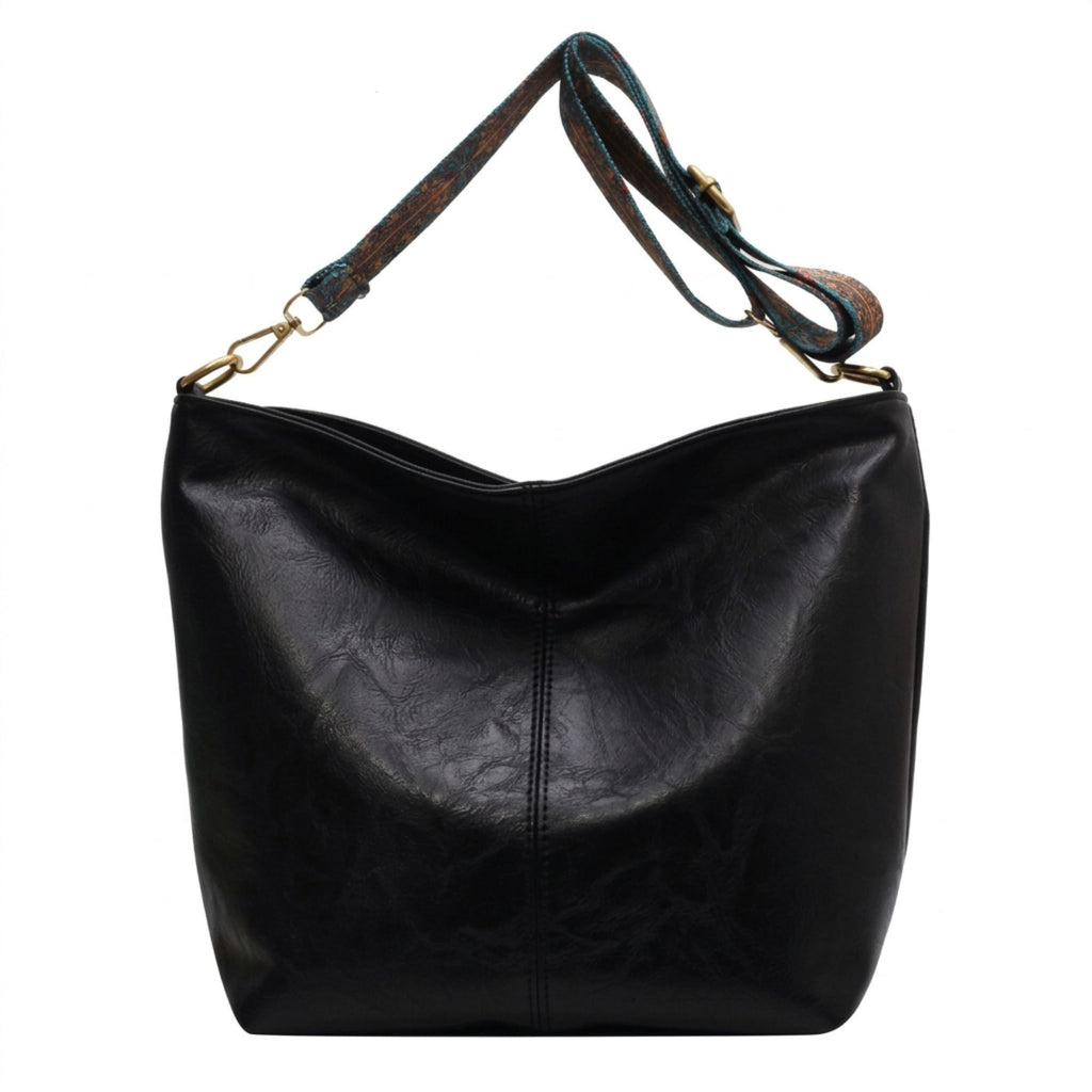 Faux Leather Hobo Shoulder Bag with Adjustable Wide Strap and Zipper Pockets