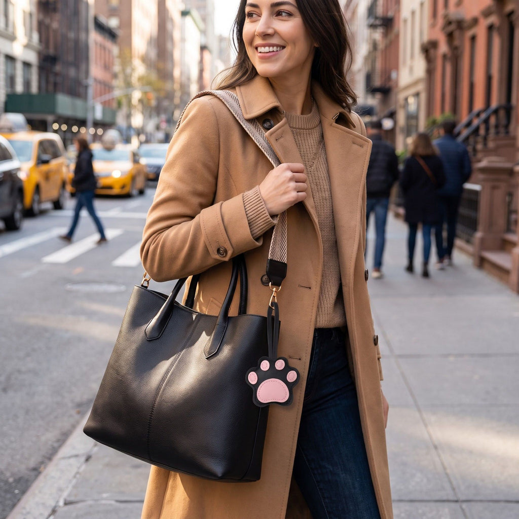 2-Piece Womens Faux Leather Paw Print Bag Charm with Long Hanging Strap and Padded Detail