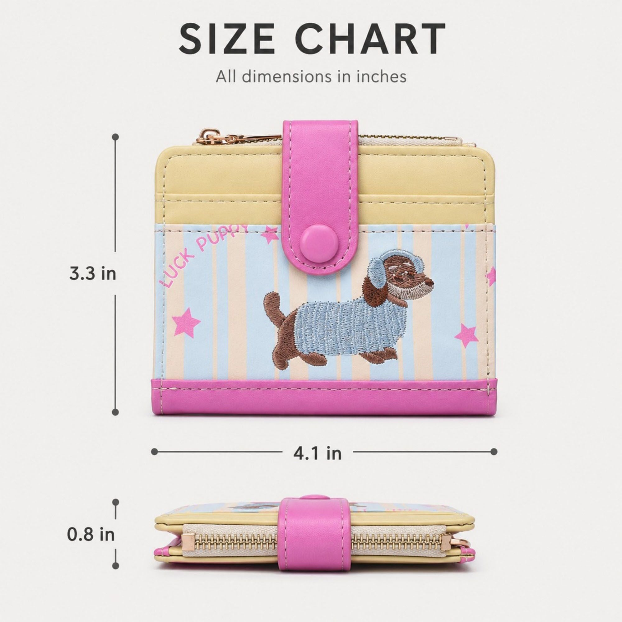 Compact Dachshund Print Bifold Wallet with Zipper Coin Pocket, Card Slots, Snap Closure and Bone Charm