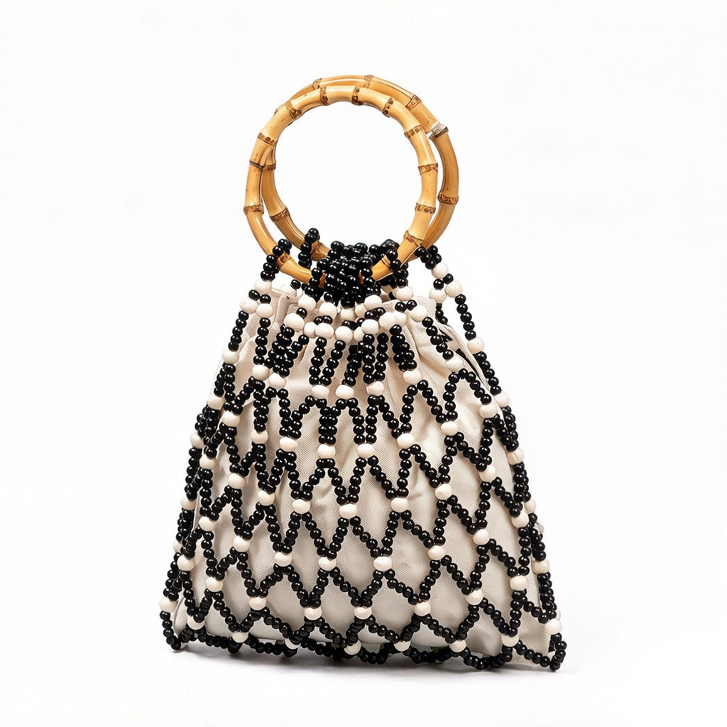 Beaded Drawstring Mini Bag with Bamboo Handle Structured Bucket Purse Lightweight Top Handle Handbag