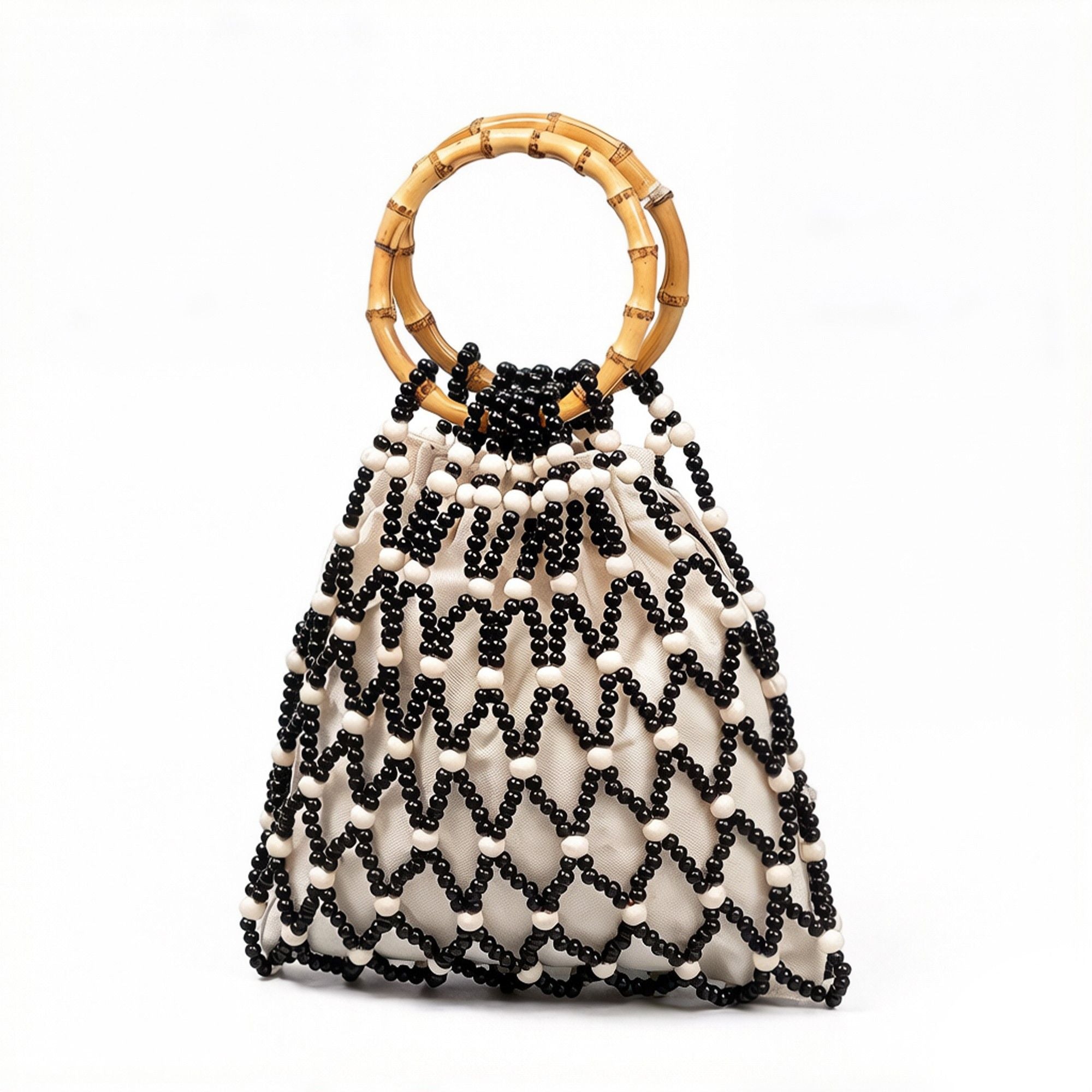 Beaded Drawstring Mini Bag with Bamboo Handle Structured Bucket Purse Lightweight Top Handle Handbag