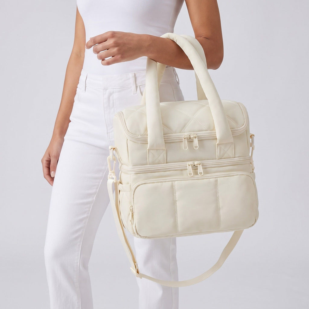 Quilted Multi-Compartment Lunch Tote Bag with Padded Top Handles and Detachable Shoulder Strap 10x10x7.1in