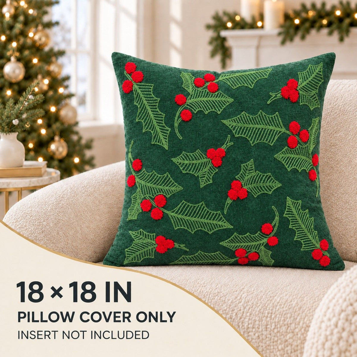 Christmas Embroidered Throw Pillow Cover 18 x 18 Inch Holiday Home Decor