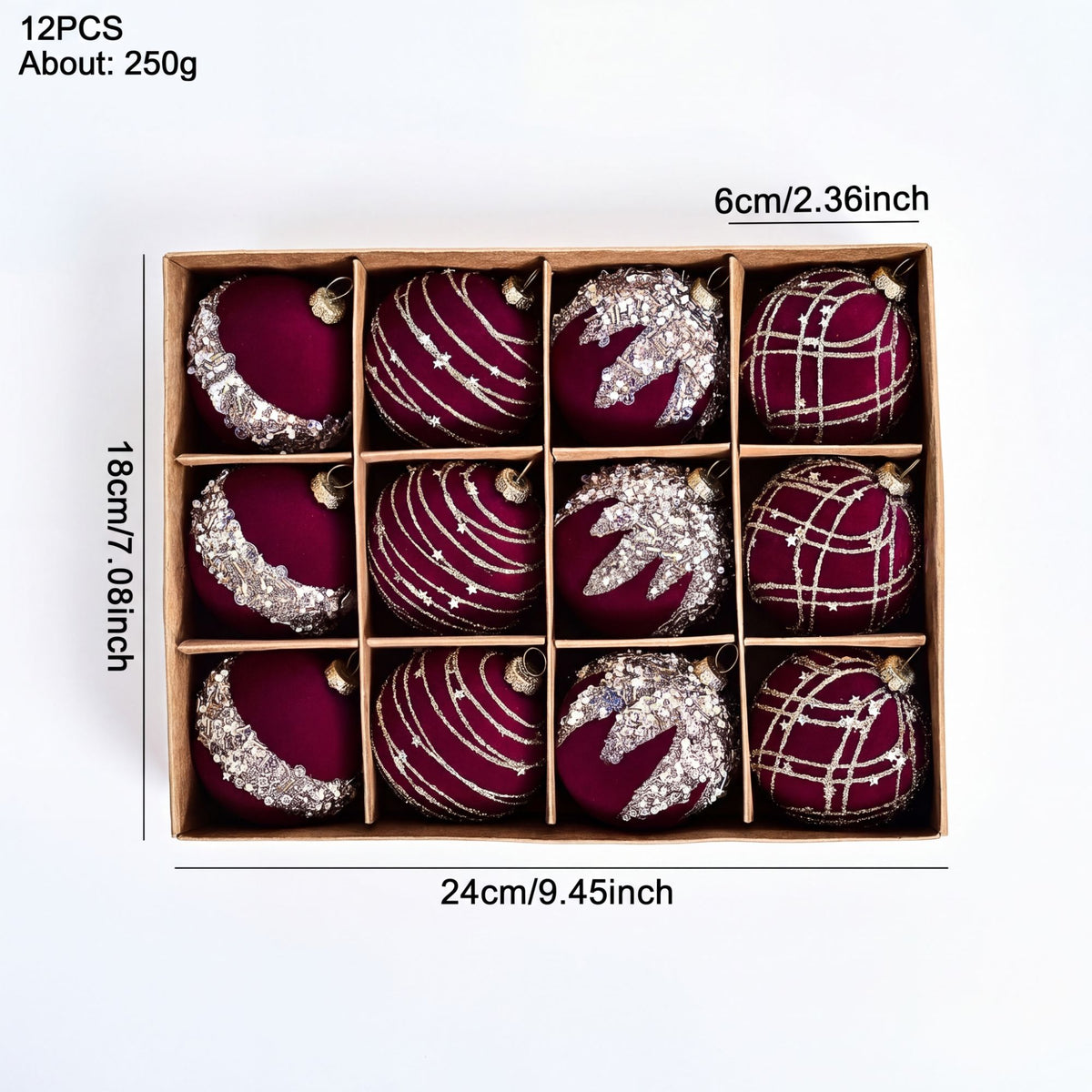 12ct Flocked Christmas Ball Ornament Set with Glitter Beaded Holiday Tree Decorations