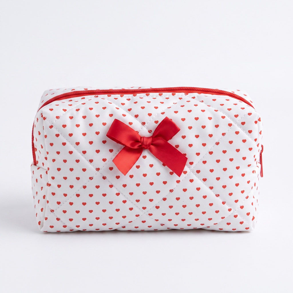Womens Quilted Heart Print Makeup Bag with Bow Cosmetic Pouch