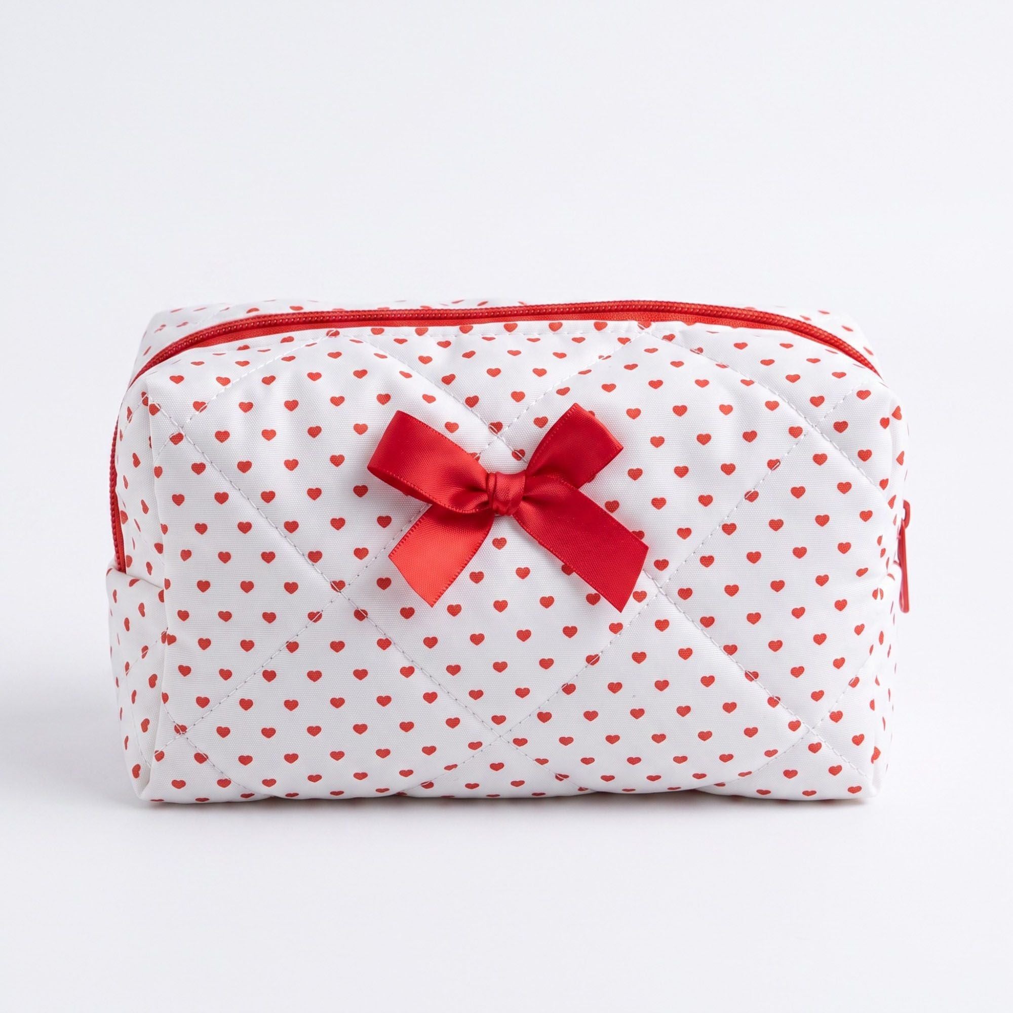 Womens Quilted Heart Print Makeup Bag with Bow Cosmetic Pouch