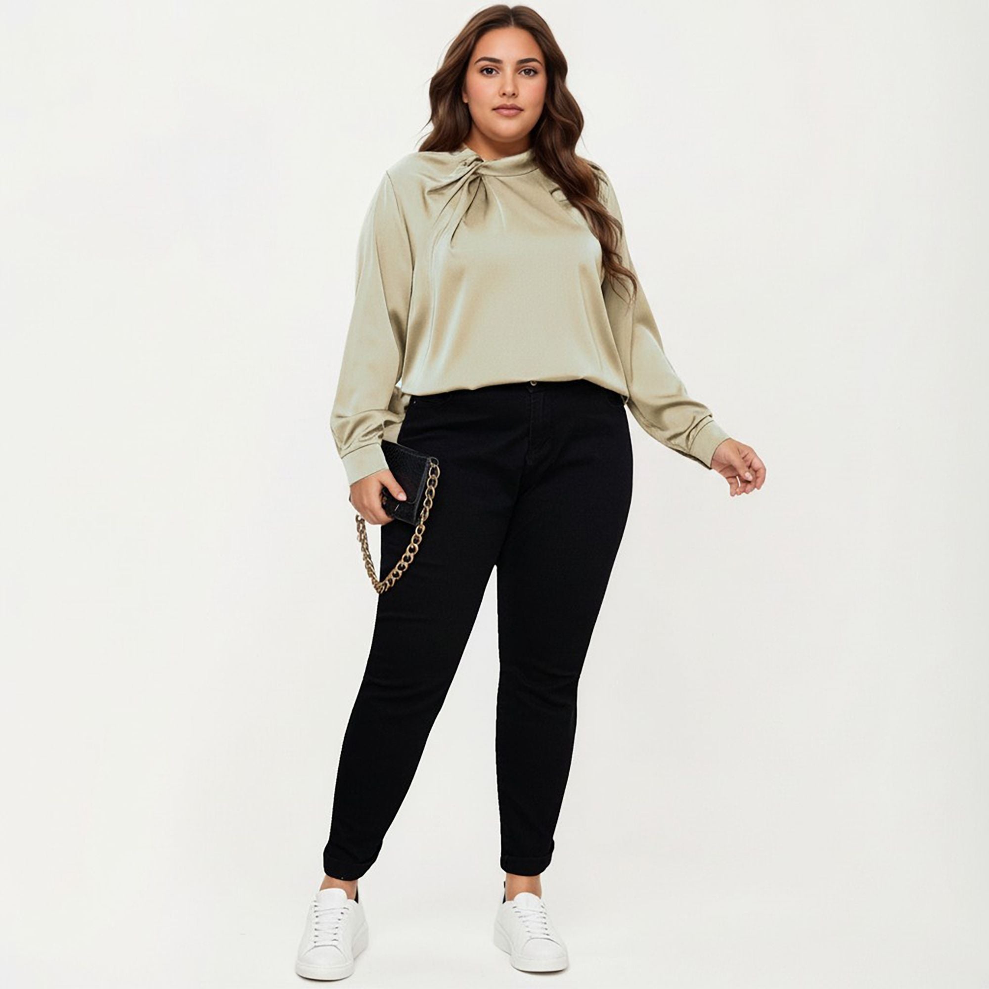 Anna-Kaci Women's Plus Size Long Sleeve Blouse with Tie Neck Detail Relaxed Fit Silky Smooth Fabric