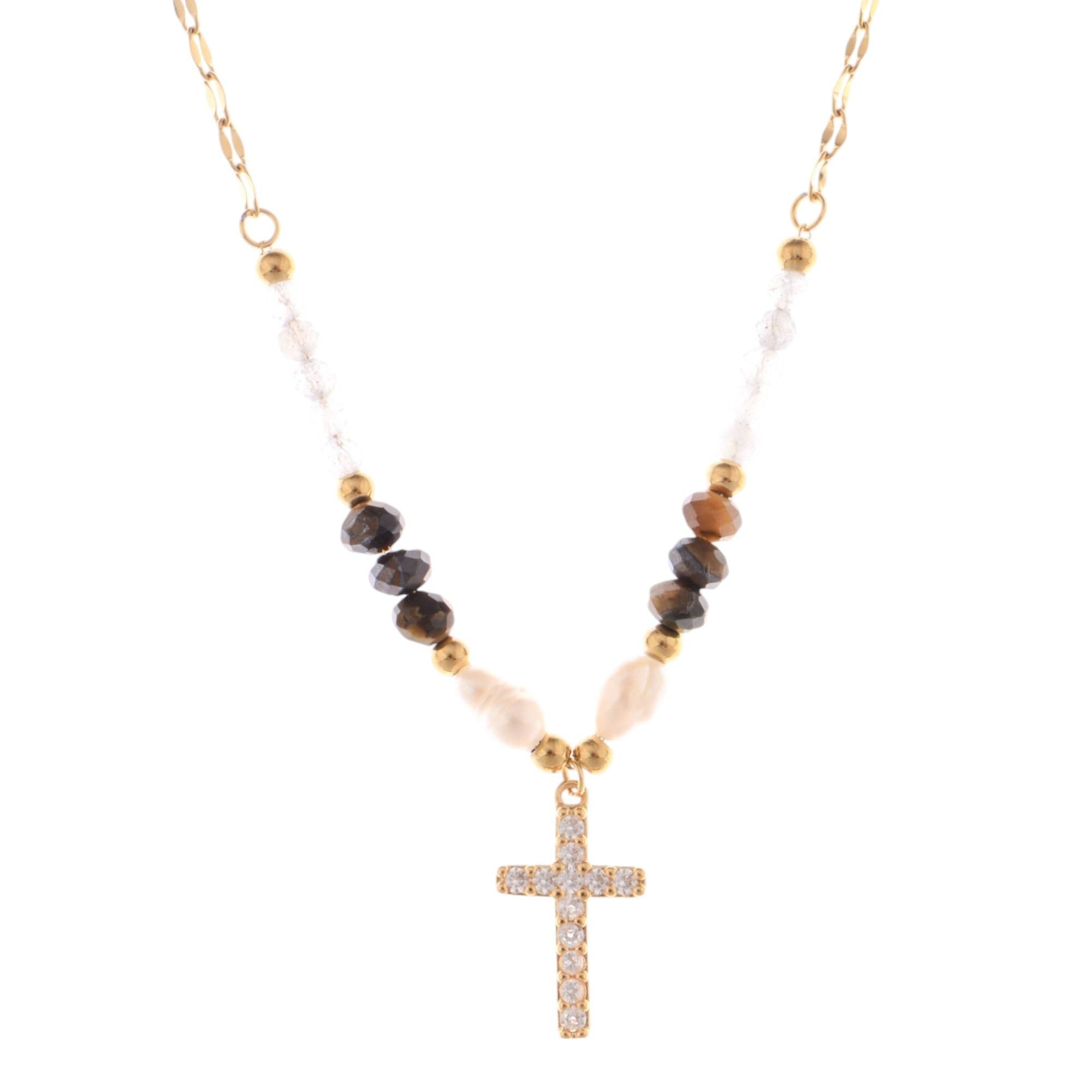 Beaded Cross Pendant Fashion Necklace with Faceted Stones and Gold Chain