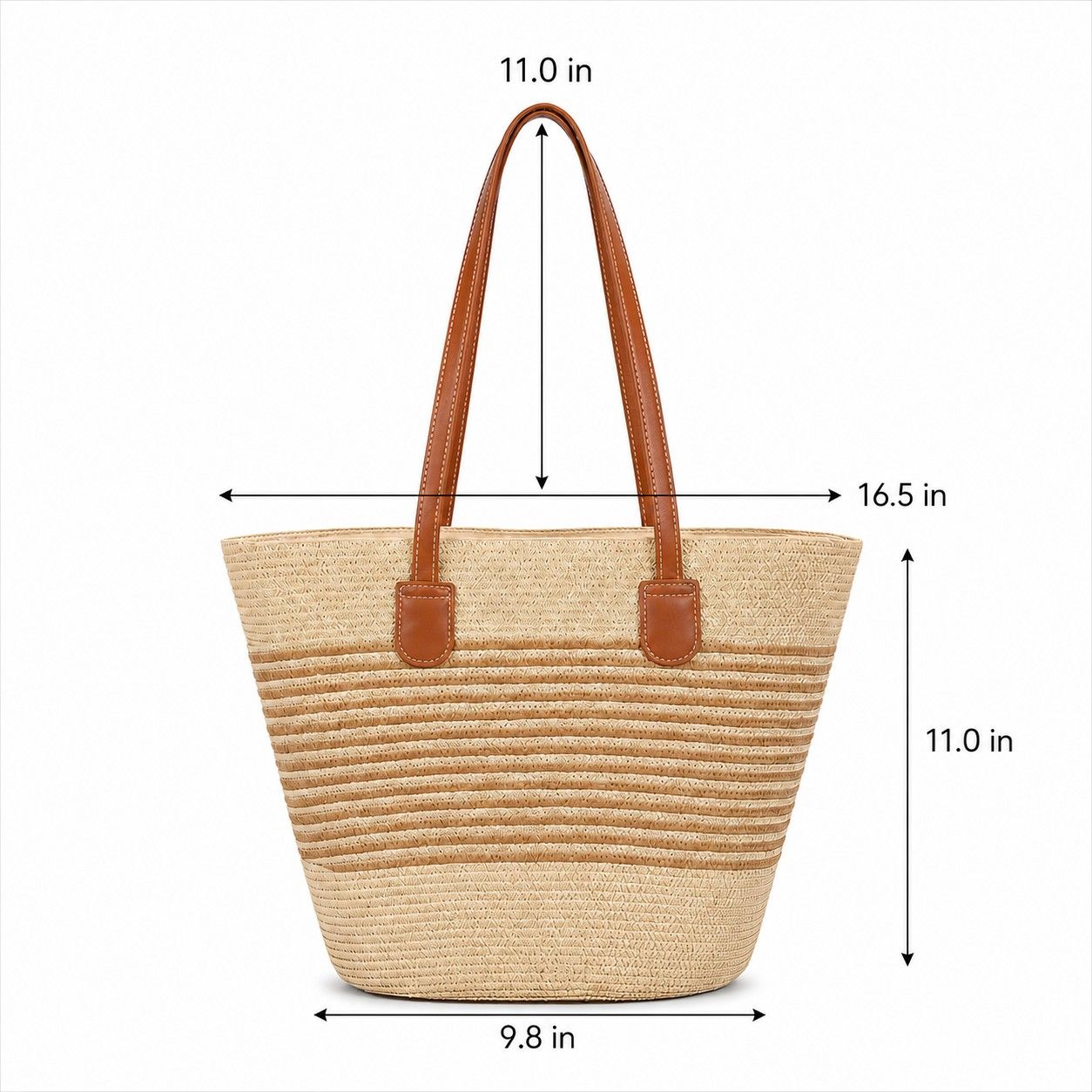 Striped Woven Straw Tote Bag Large Capacity Zip Top Shoulder Carryall Handbag