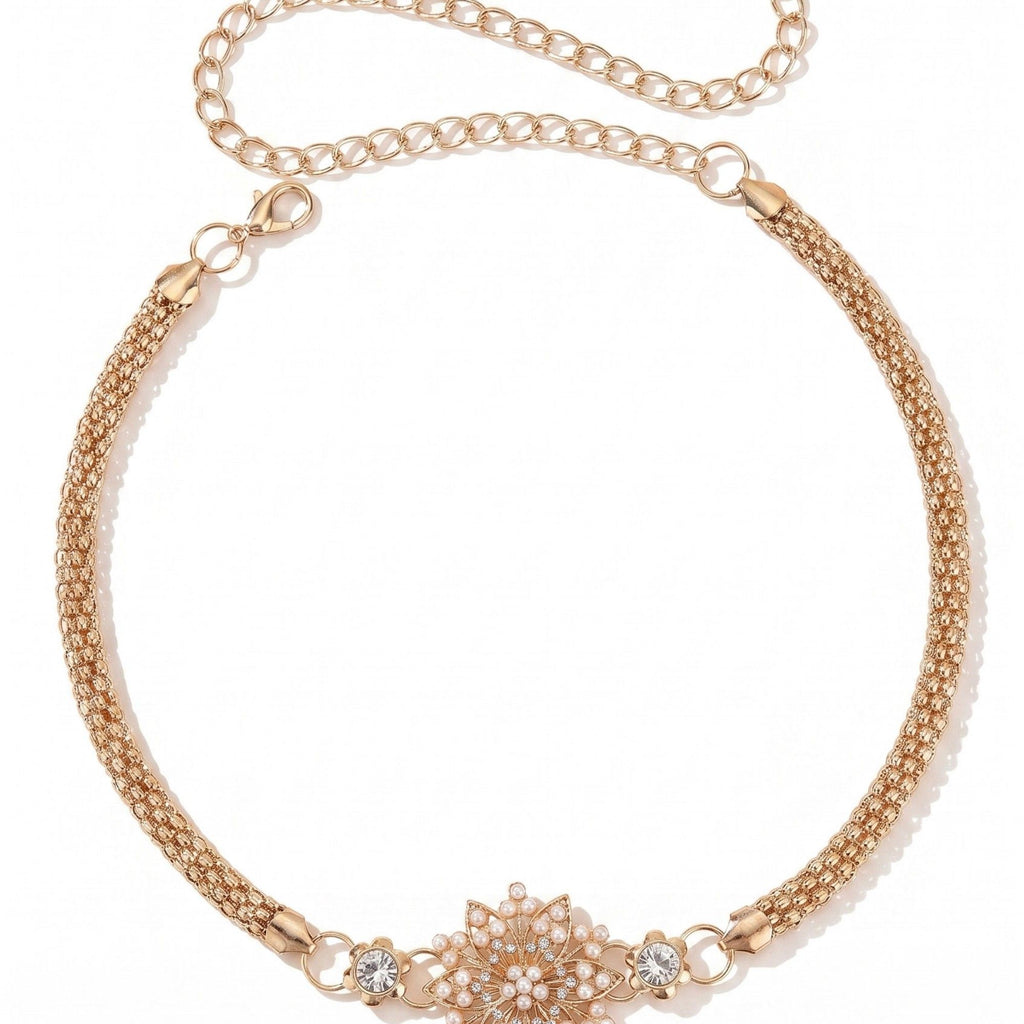 Pearl Floral Mesh Metal Waist Chain Adjustable Elegant Statement Waist Jewelry 43.3in