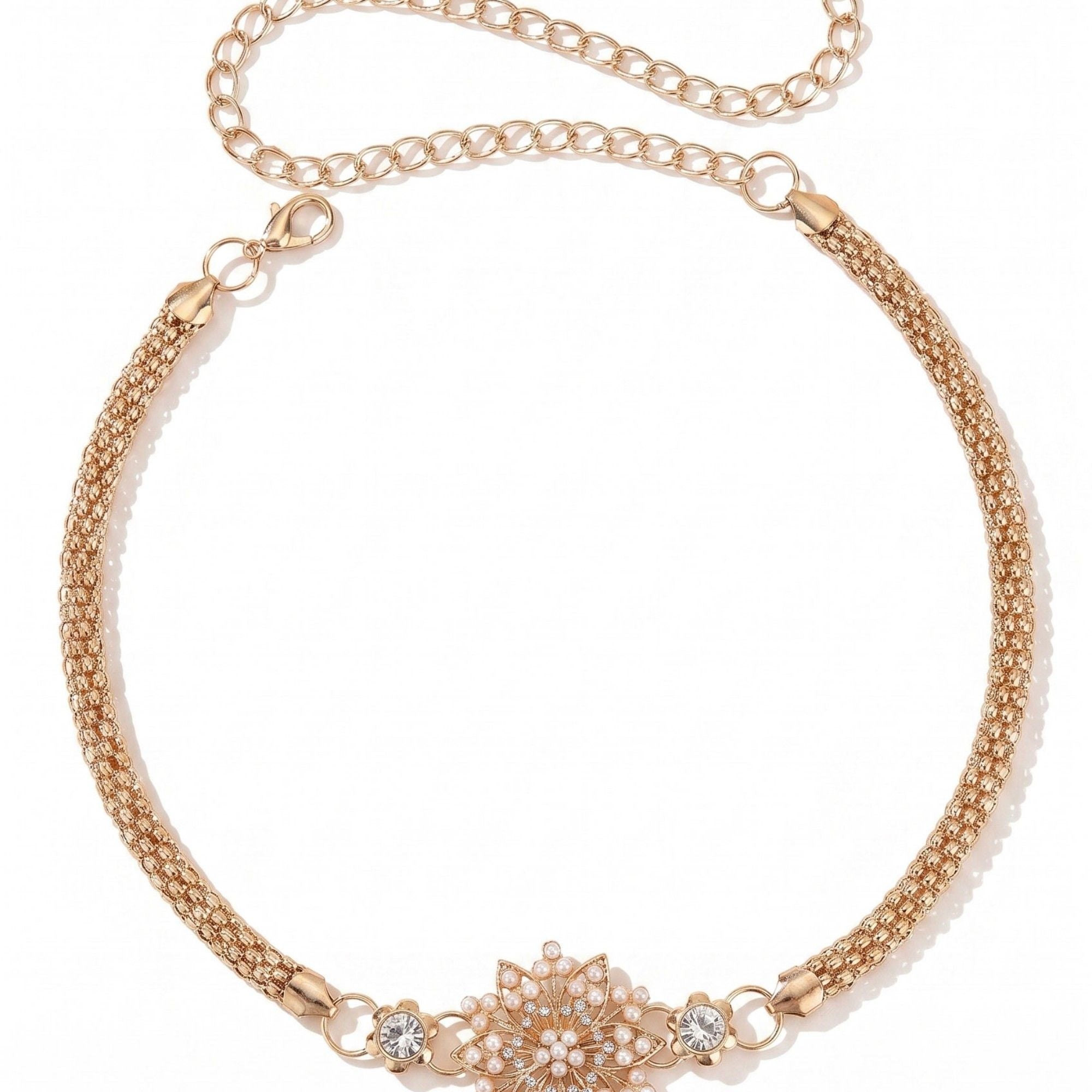 Pearl Floral Mesh Metal Waist Chain Adjustable Elegant Statement Waist Jewelry 43.3in