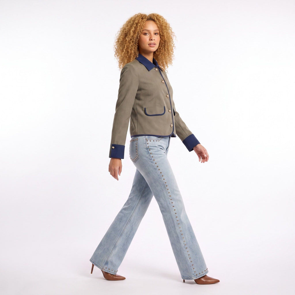 Contrast Trim Button Front Collared Jacket