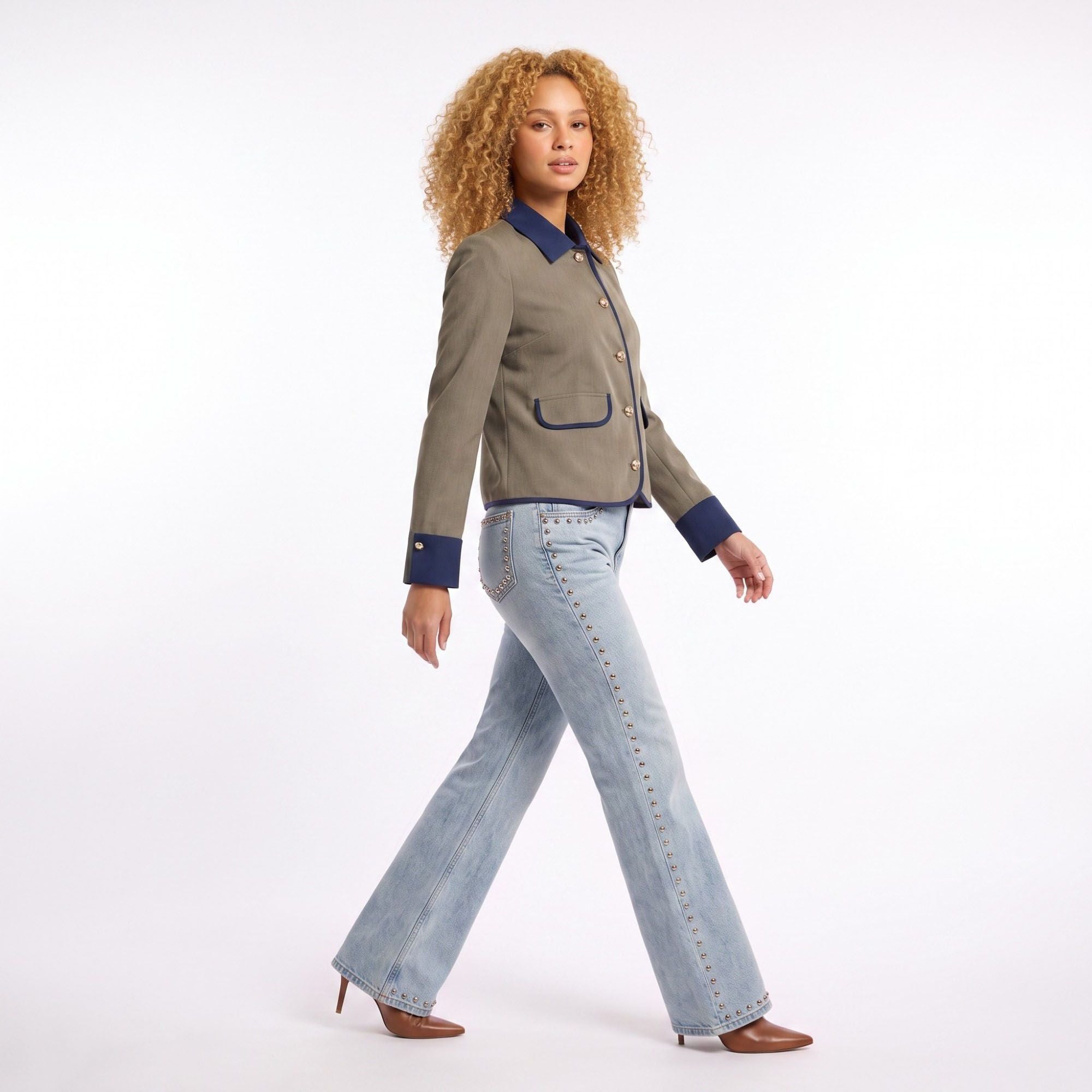Contrast Trim Button Front Collared Jacket