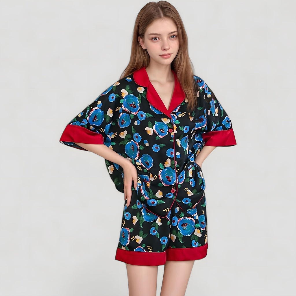 Anna-Kaci Lounge Women's Floral Print Pajama Set with Contrast Trim and Short Sleeve Button-Up Top
