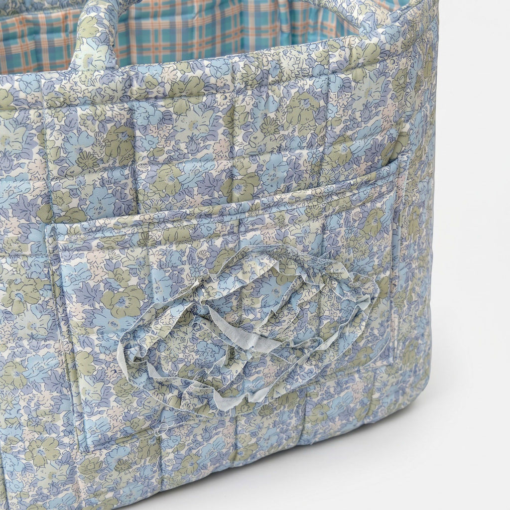 Floral Quilted Storage Tote with Handles and Front Pocket
