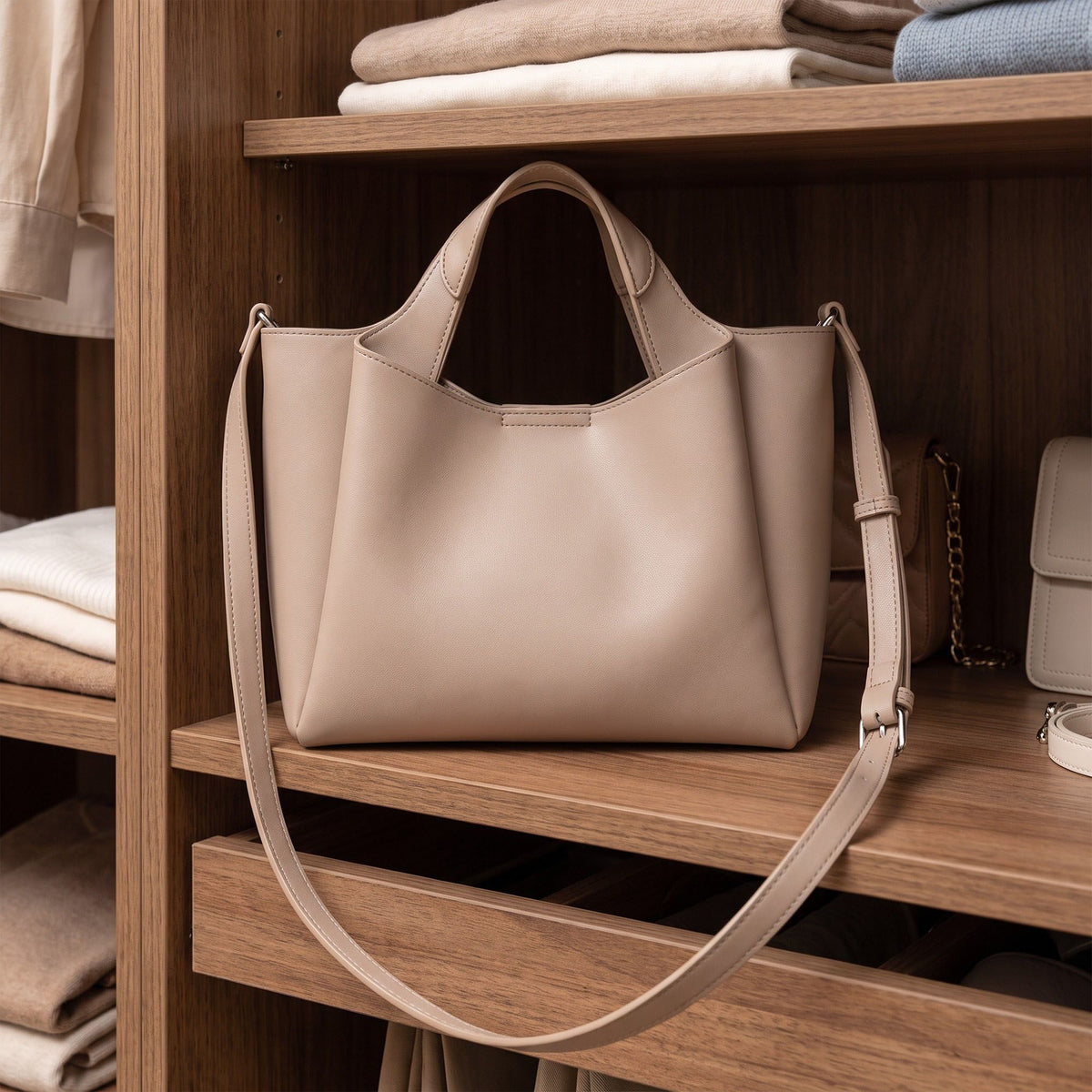 Structured Tote Handbag with Top Handles and Detachable Shoulder Strap