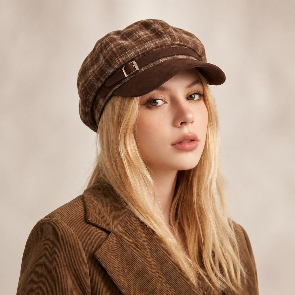 Plaid Newsboy Cap Vintage Baker Boy Hat Adjustable Buckle Band