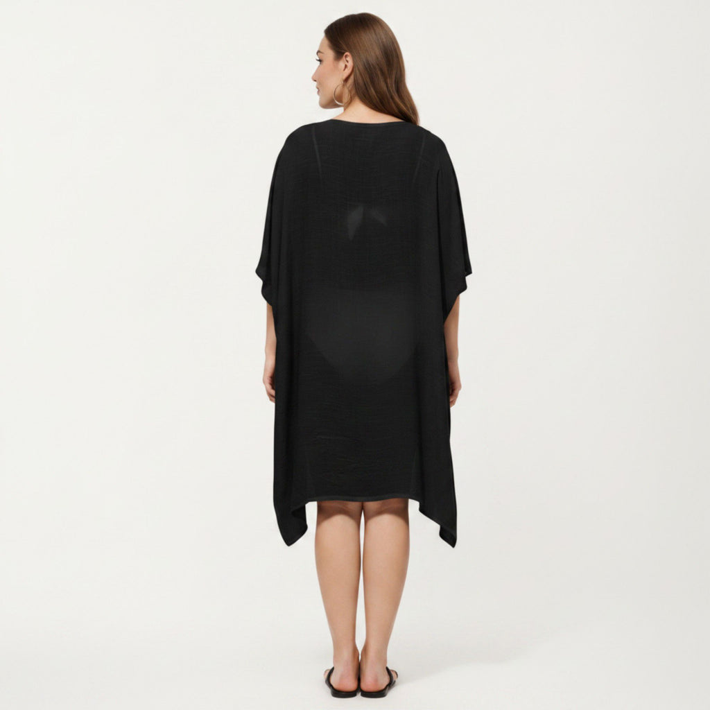 Anna-Kaci Women's Swim Cover Up Kaftan Dress with Crochet Cutout Trim Loose Short Sleeves Relaxed Midi Fit