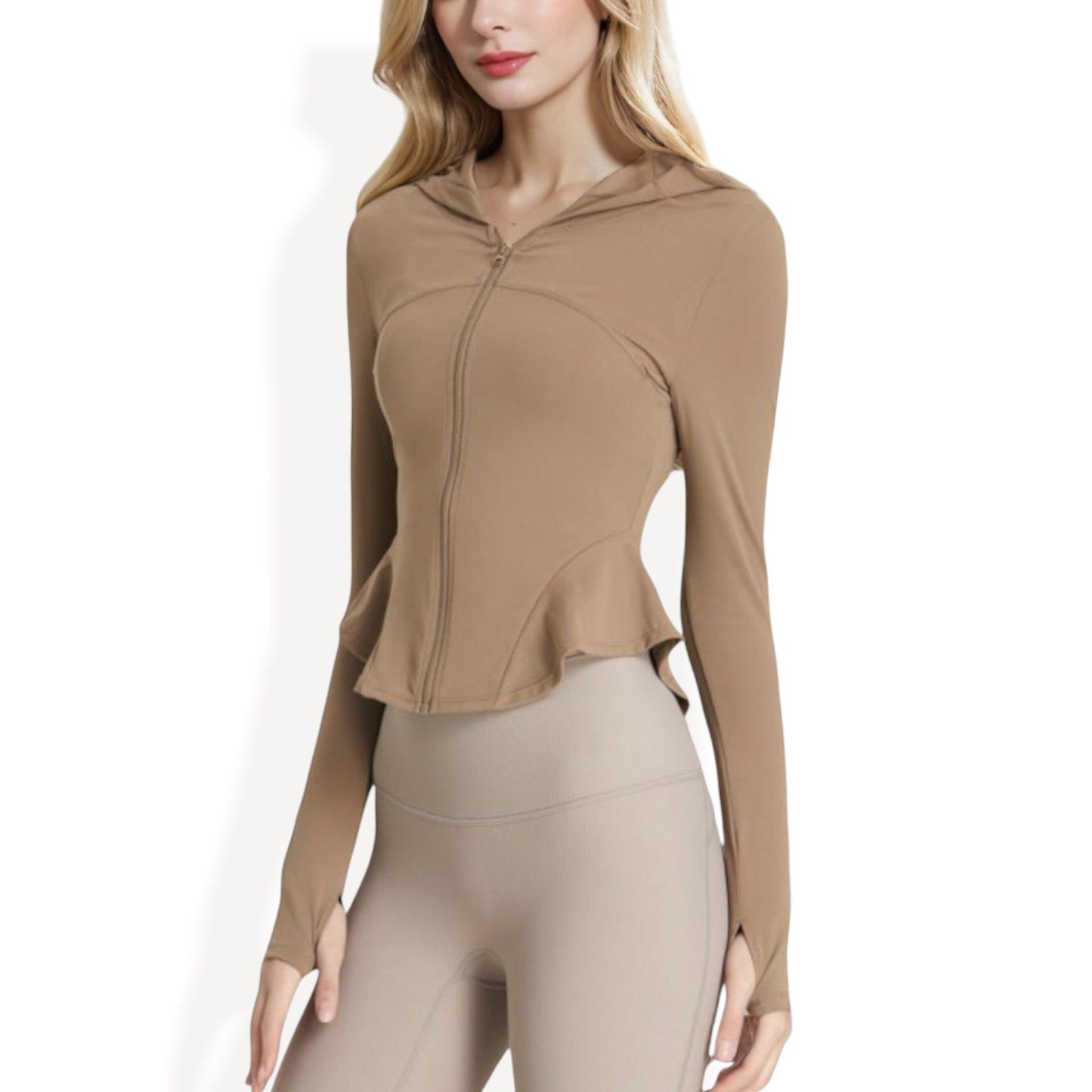 Peplum Hem Active Zip-Up Jacket with Hood and Thumb Holes