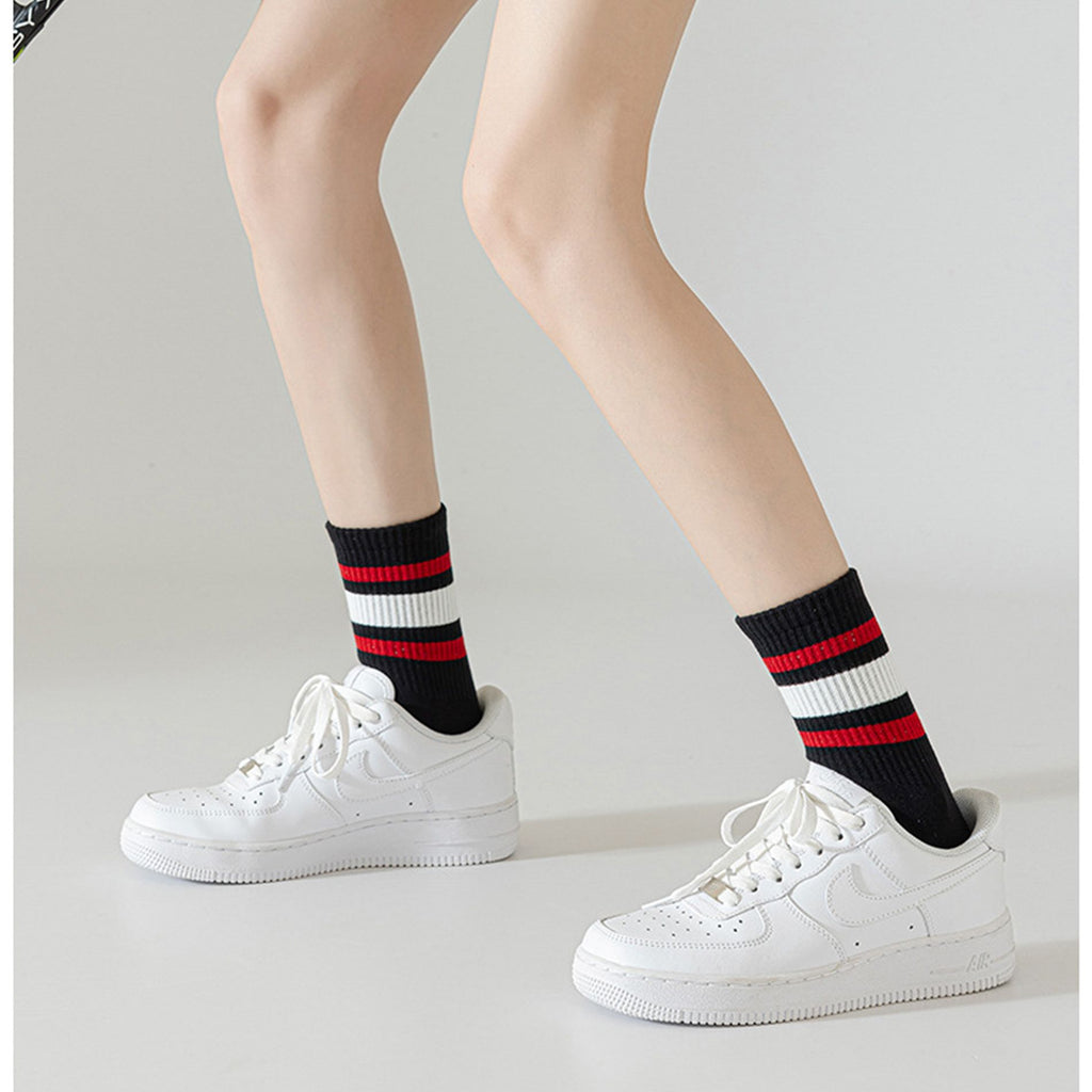 Anna-Kaci Crew Socks 4-Pack White Base Colorful Ribbed Cuff Striped Design Stretch Comfort Breathable Fit