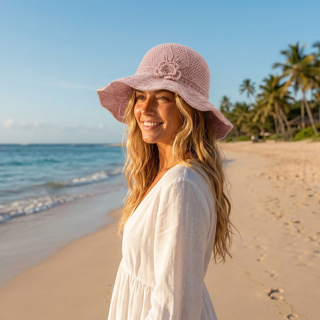 Crochet Wide Brim Sun Hat with Floral Accent Scalloped Edge and Chin Strap