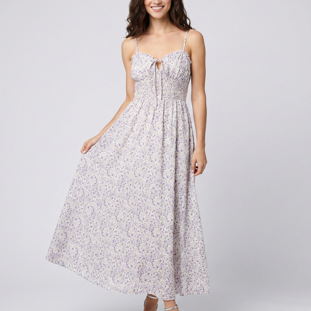 Floral Print Smocked Bodice Maxi Dress with Tie Front Sweetheart Neckline Slim Straps and Flowy Skirt