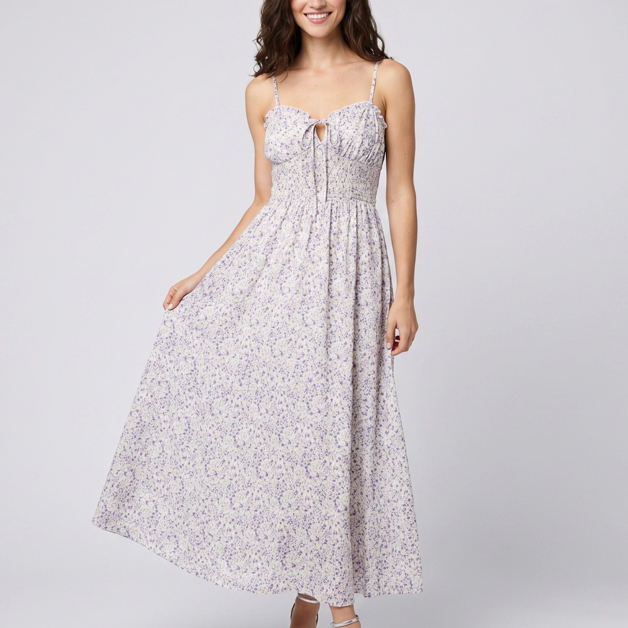 Floral Print Smocked Bodice Maxi Dress with Tie Front Sweetheart Neckline Slim Straps and Flowy Skirt