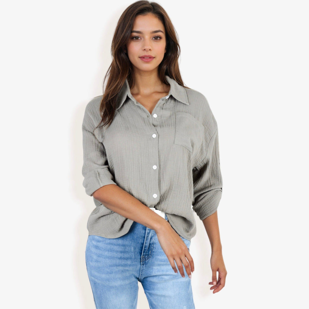 Camisa de gasa texturizada con botones y manga larga para mujer de Anna-Kaci con bolsillo en el pecho
