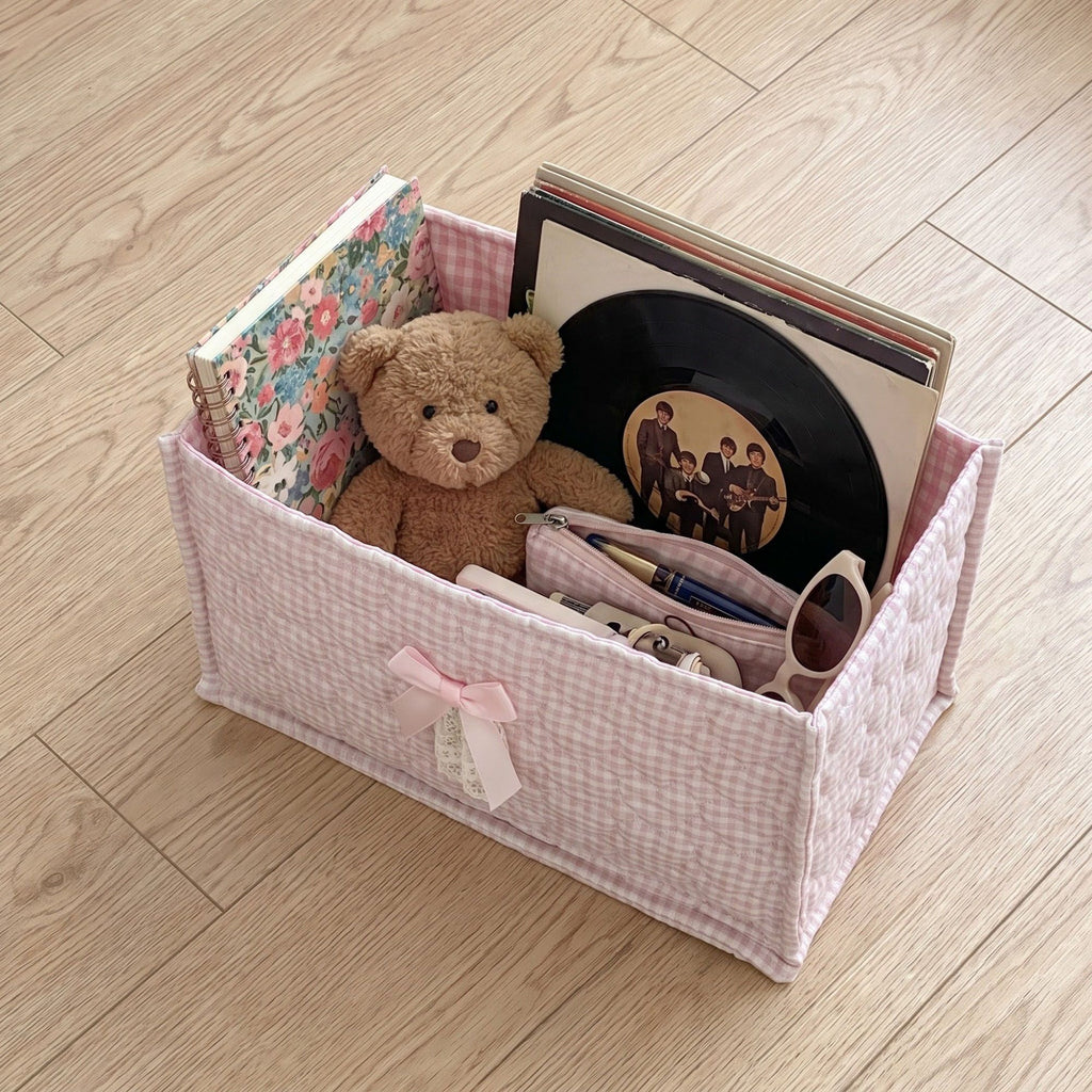 Quilted Heart Gingham Rectangular Storage Bin with Bow & Lace Accent