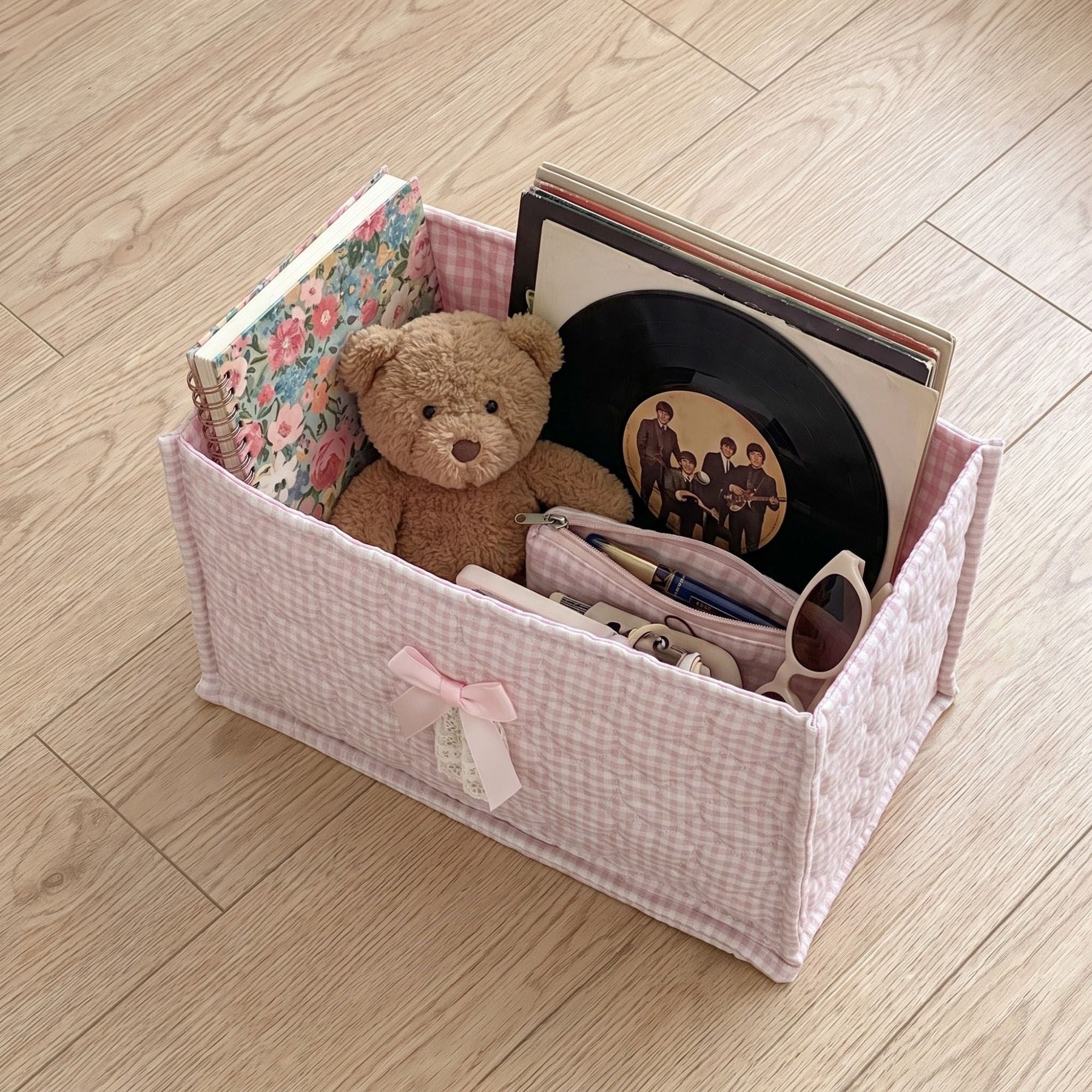 Quilted Heart Gingham Rectangular Storage Bin with Bow & Lace Accent