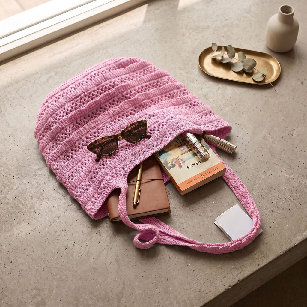 Crochet Knit Tote Bag with Openwork Ruffle Design and Long Handles