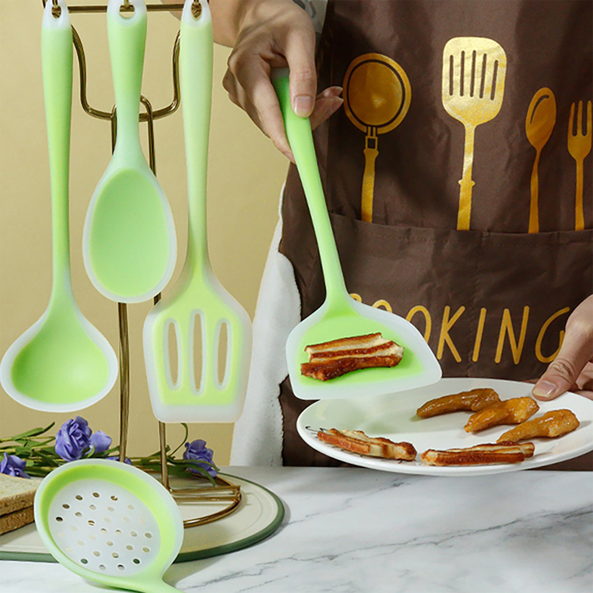 5-Piece Silicone Kitchen Utensil Set with Spoon, Spatula and Strainer