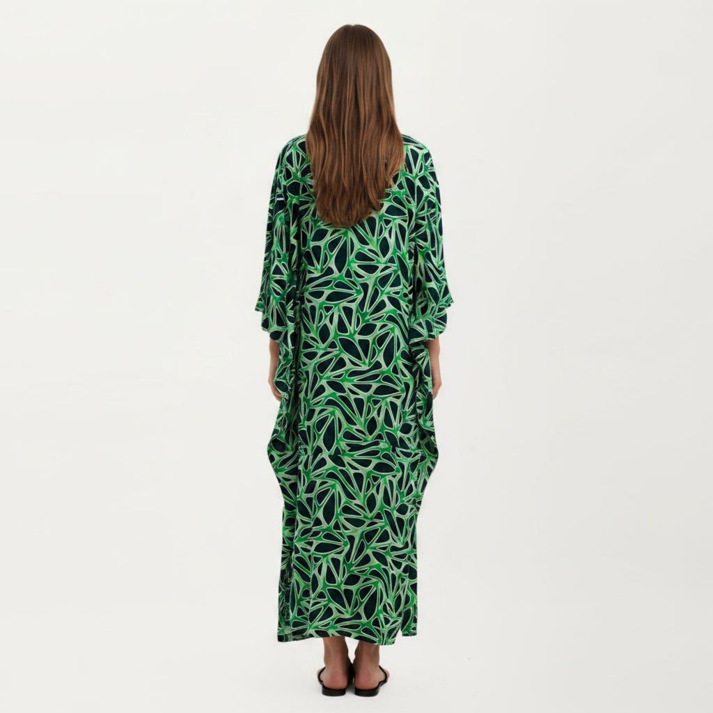 Anna-Kaci Women's Floral Print Kaftan Maxi Dress with V-Neck Button Front and Flowy Batwing Sleeves