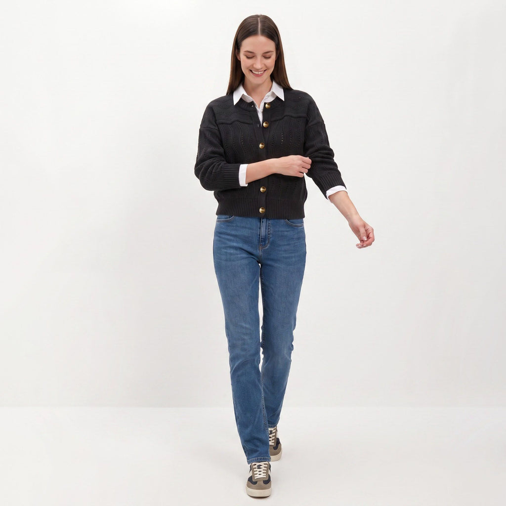 Wavy Pointelle Button-Front Long Sleeve Knit Cardigan