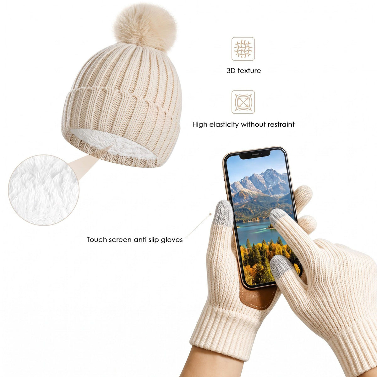 3 Piece Pom Beanie Scarf and Touchscreen Gloves Winter Set