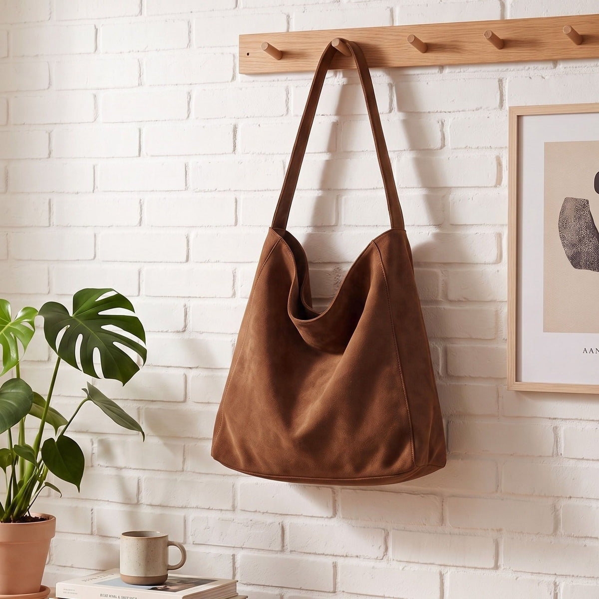 Faux Suede Hobo Shoulder Bag with Long Strap