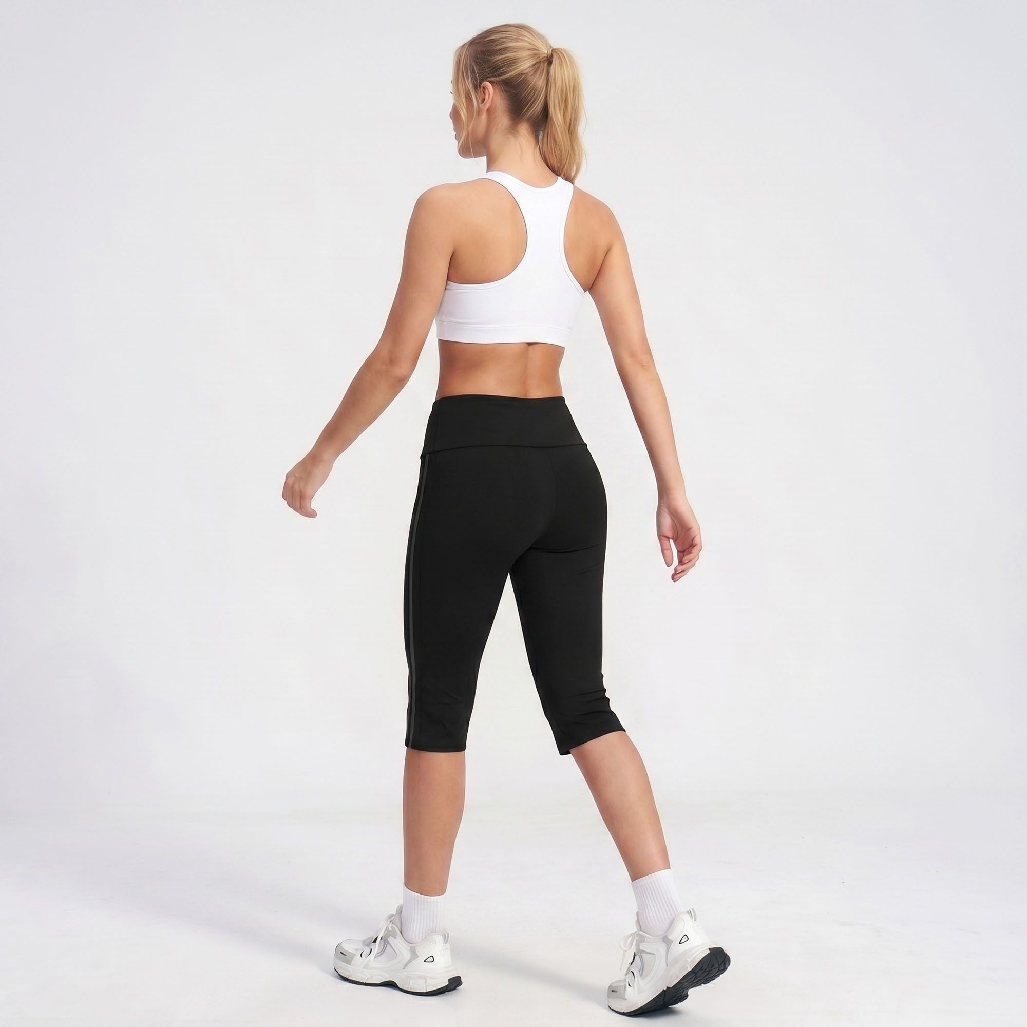 High Waist Side Stripe Capri Leggings Wide Waistband Cropped Workout Yoga Pants