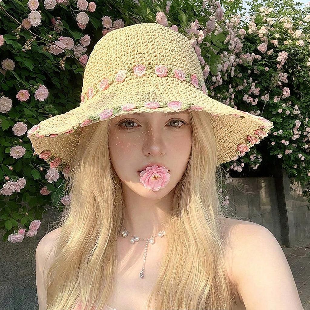 Crochet Bucket Sun Hat with Floral Embroidery and Wavy Brim Design