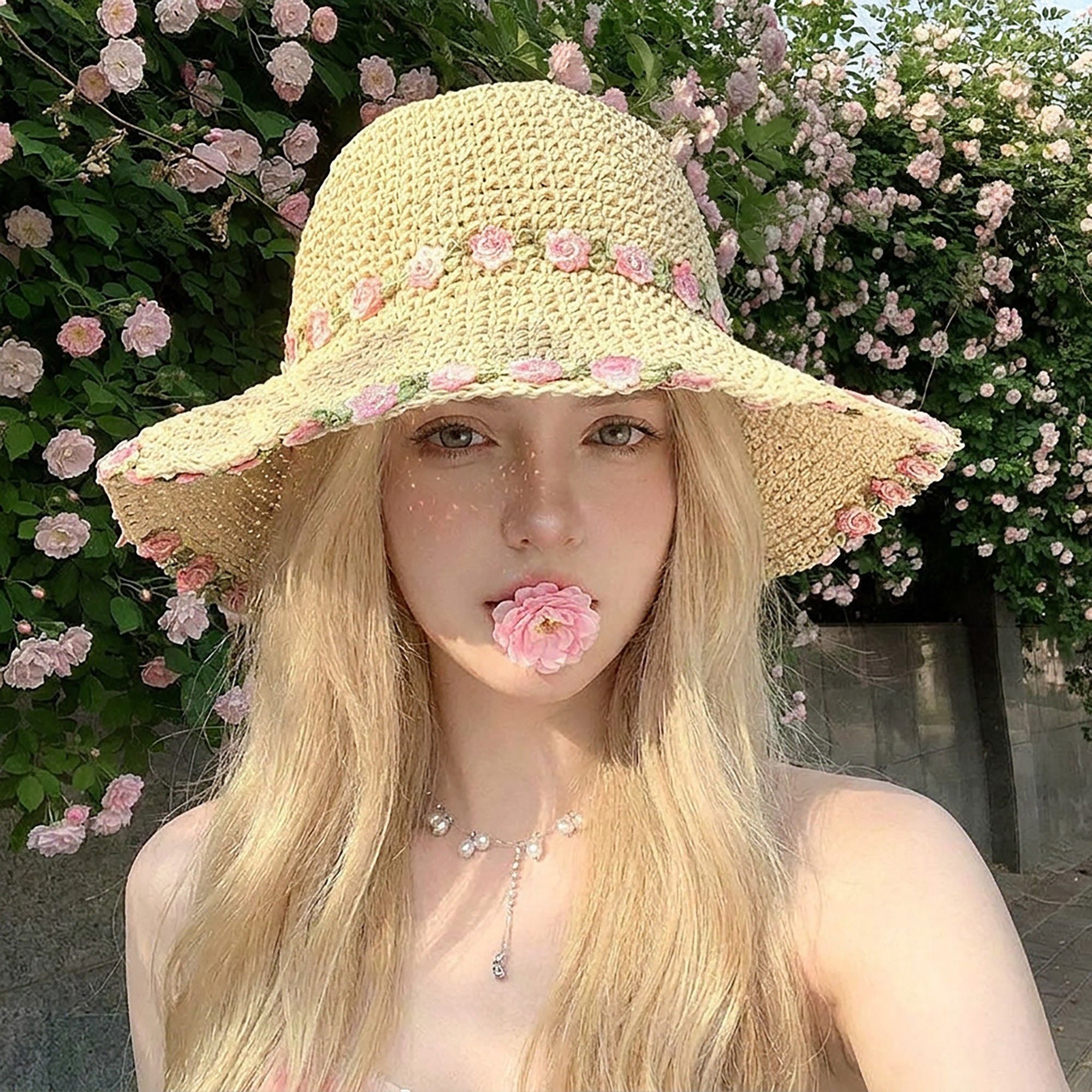Crochet Bucket Sun Hat with Floral Embroidery and Wavy Brim Design