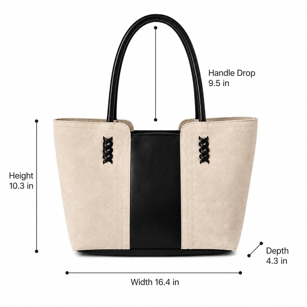 Faux Suede Tote Bag with Double Shoulder Handles Zip Closure and Interior Pockets