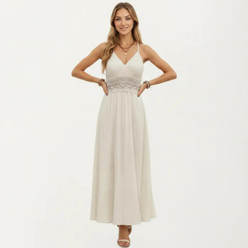 Anna-Kaci Women's Boho Crochet Lace Inset Maxi Dress with Keyhole Back