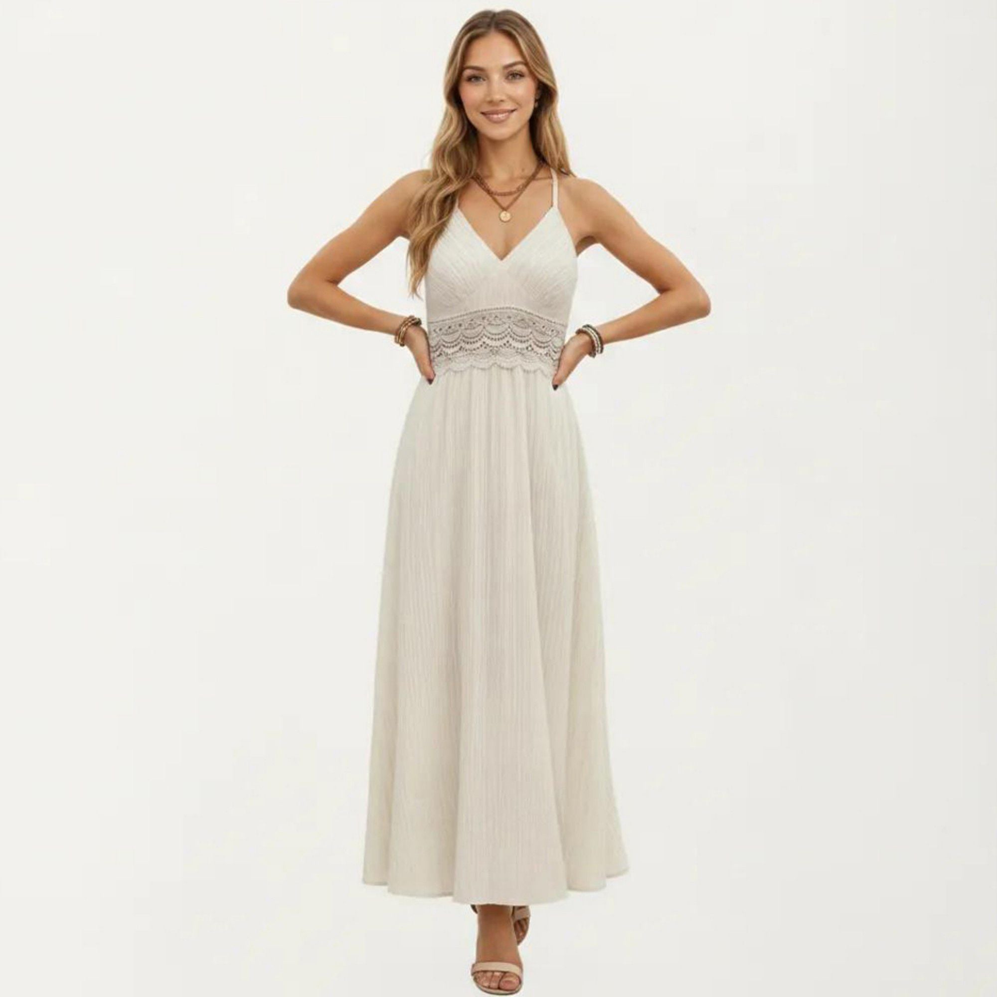 Anna-Kaci Women's Boho Crochet Lace Inset Maxi Dress with Keyhole Back