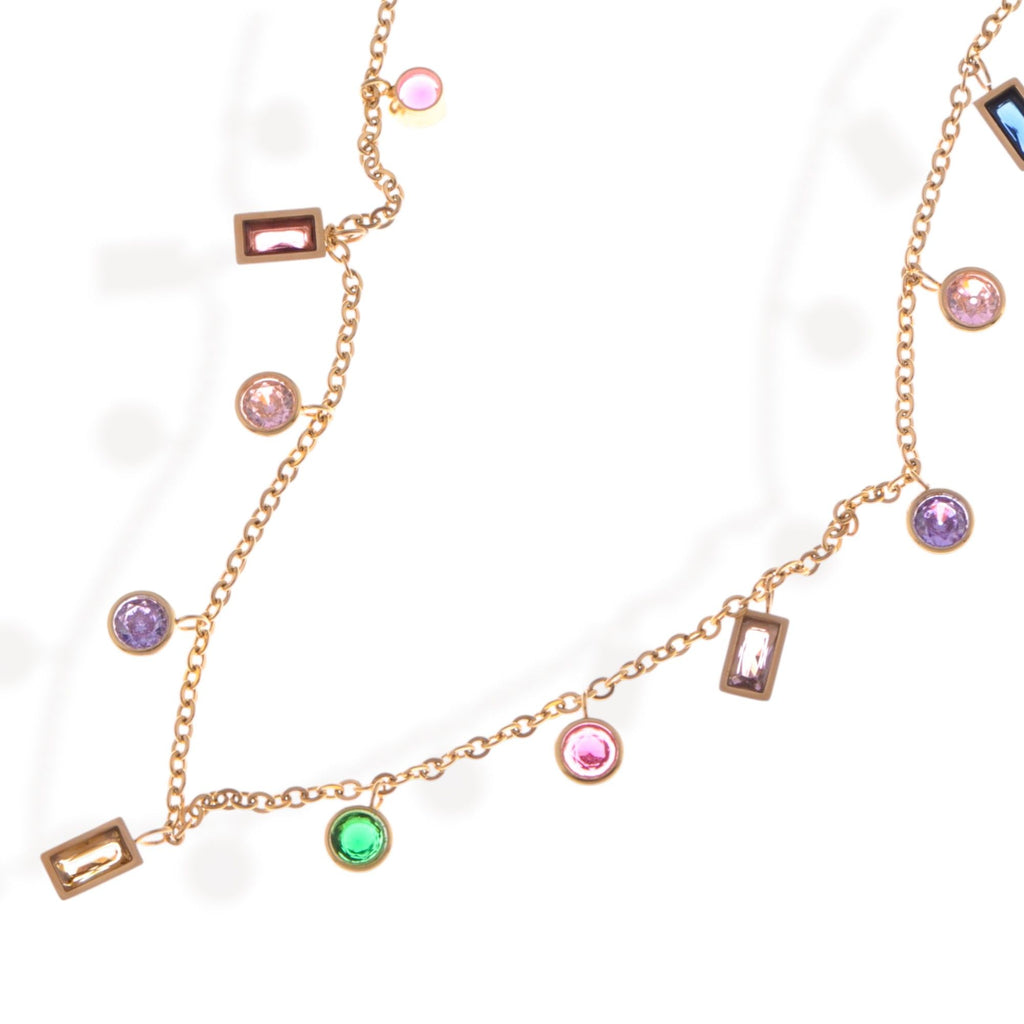 Women's Multi-Colored Gemstone Pendant Fashion Necklace on Gold Tone Chain