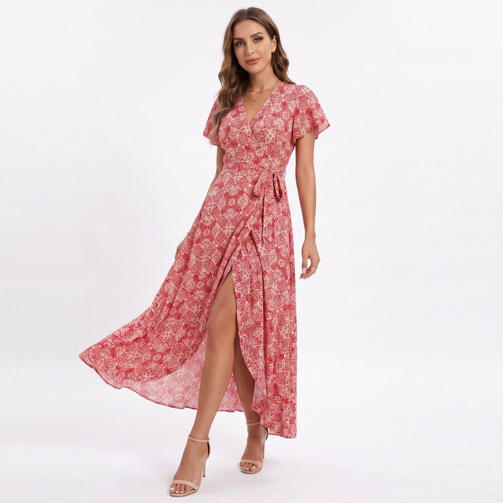 Floral Print Wrap Maxi Dress with V Neck Short Flutter Sleeves Tie Waist and Front Slit