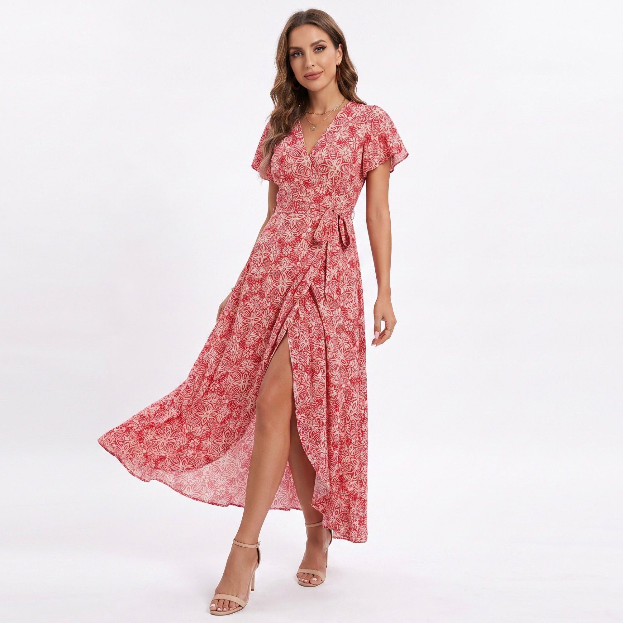 Floral Print Wrap Maxi Dress with V Neck Short Flutter Sleeves Tie Waist and Front Slit